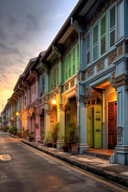 Foto uma rua com uma porta verde e um edifício com uma porta amarela