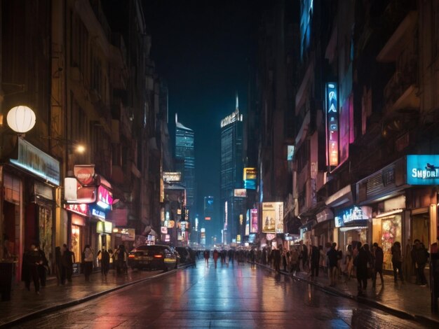 uma rua da cidade à noite com um sinal que diz rei e rainha