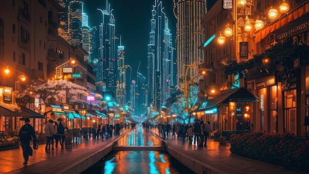 Uma rua da cidade à noite com uma placa de neon que diz dubai.