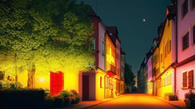 Uma rua da cidade à noite com uma porta vermelha e uma lua ao fundo.