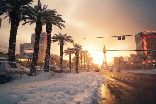 Foto uma rua da cidade coberta de neve com palmeiras alinhadas nas calçadas esta foto captura a justaposição única de elementos de inverno e tropicais