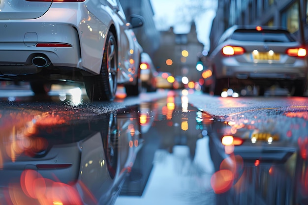 Uma rua da cidade com carros estacionados ao lado e uma poça de água no chão com as luzes