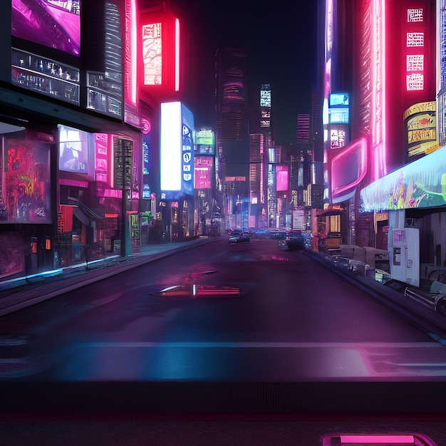 Uma rua da cidade com letreiros de néon e um letreiro que diz 'cyberpunk' nele