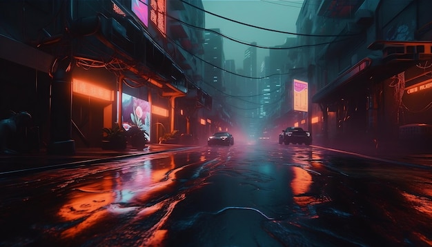 Uma rua da cidade com luzes neon e uma placa que diz 'cyberpunk'