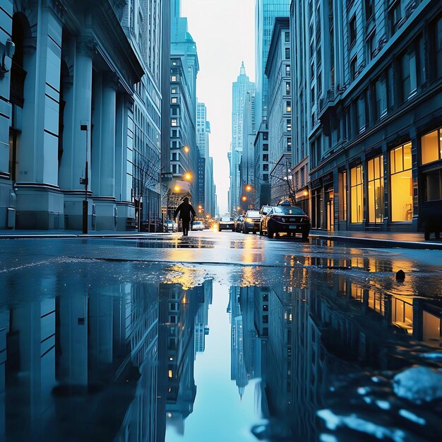 uma rua da cidade com um carro e uma pessoa caminhando na chuva