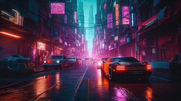 Uma rua da cidade com um carro na chuva
