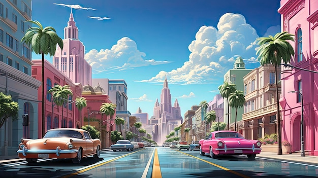 uma rua da cidade com um carro rosa e uma cidade ao fundo.