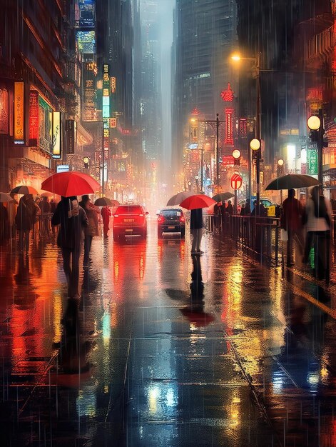 uma rua da cidade com um carro vermelho e pessoas andando na chuva.