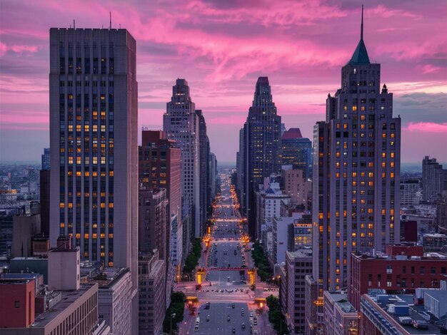 uma rua da cidade com um céu roxo e um edifício com um pôr-do-sol rosa no fundo