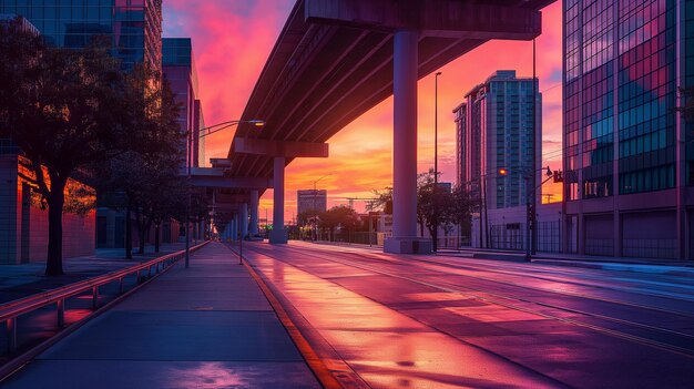 uma rua da cidade com uma ponte e um sinal que diz pôr-do-sol