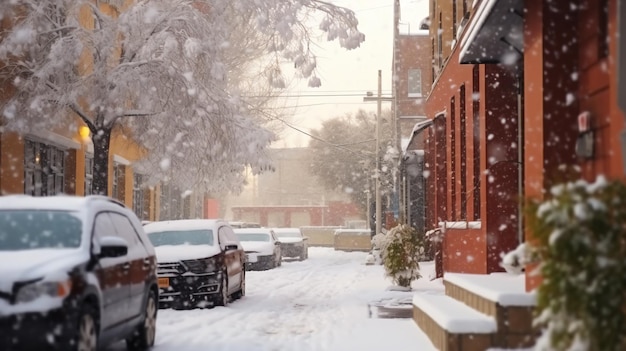 uma rua de neve com alguns arbustos e um poste de luz