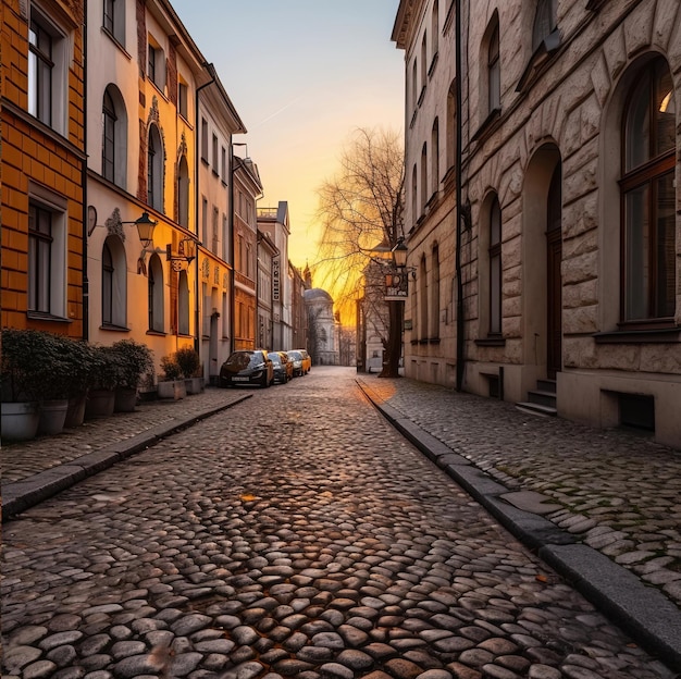 Uma rua de paralelepípedos à noite