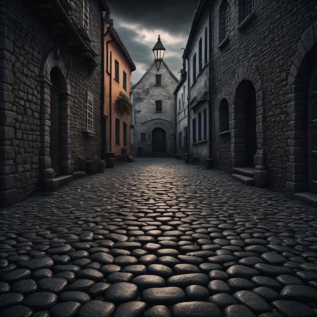 Foto uma rua de paralelepípedos com uma igreja ao fundo.