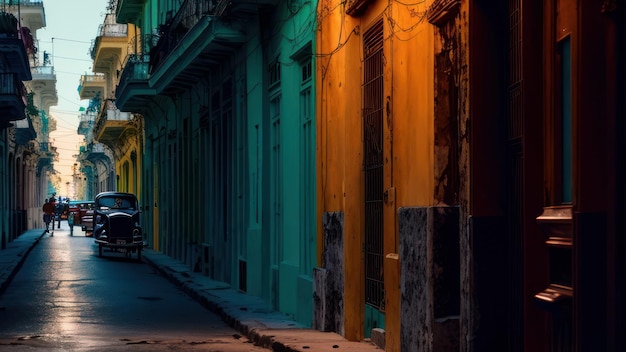 Uma rua em Havana com uma luz colorida que se ilumina.