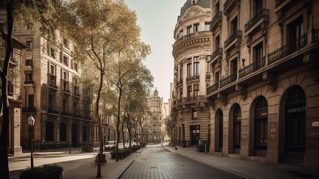 Uma rua em paris com uma árvore do lado esquerdo e um prédio do lado direito.