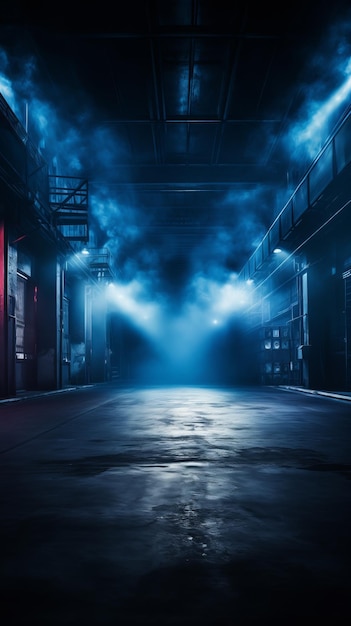 Uma rua escura vazia com fundo azul escuro uma cena escura vazia com luz de néon iluminando o chão de asfalto.