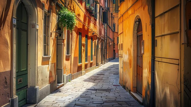 Uma rua estreita com uma superfície de paralelepípedos corre entre duas fileiras de edifícios antigos com fachadas coloridas