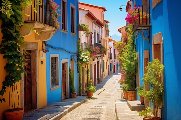 Foto uma rua estreita e íngreme sobe em direção a uma casa azul vibrante na aldeia ensolarada de lastres