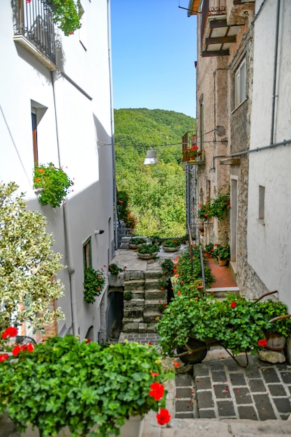 Uma rua estreita em Carpinone, uma cidade medieval da região de Molise, na Itália