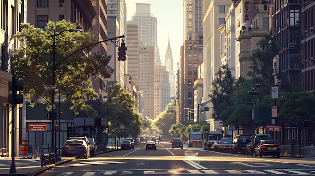 Foto uma rua larga e movimentada da cidade com edifícios altos em ambos os lados alinhados com árvores e carros estacionados ao lado da estrada