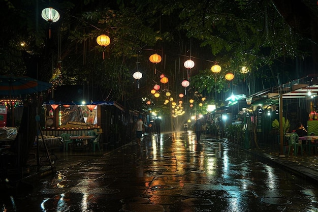 uma rua molhada à noite com lanternas penduradas nas árvores