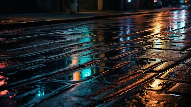 Uma rua molhada à noite com um letreiro de néon do lado esquerdo.