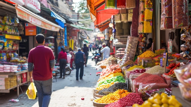 Foto uma rua movimentada com barracas coloridas que oferecem deliciosos doces e guloseimas para aniversários