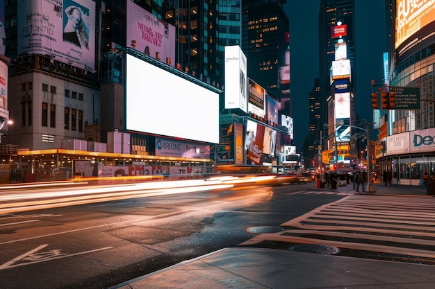 Uma rua movimentada da cidade à noite com um grande outdoor no fundo