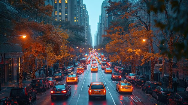 Foto uma rua movimentada da cidade com muito tráfego e edifícios altos em ambos os lados