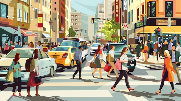 Uma rua movimentada da cidade com pedestres atravessando e tráfego em movimento