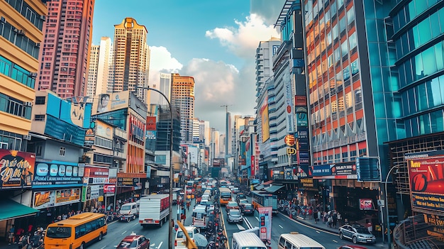 Uma rua movimentada da cidade com pessoas atravessando a estrada ônibus e carros dirigindo e edifícios alinhados em ambos os lados da rua