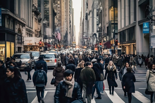 Foto uma rua movimentada da cidade durante a hora do rush e pessoas ia generativa