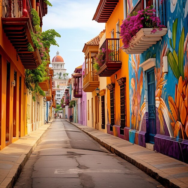 Uma rua movimentada em Cartagena, com cores vibrantes e personagens animados