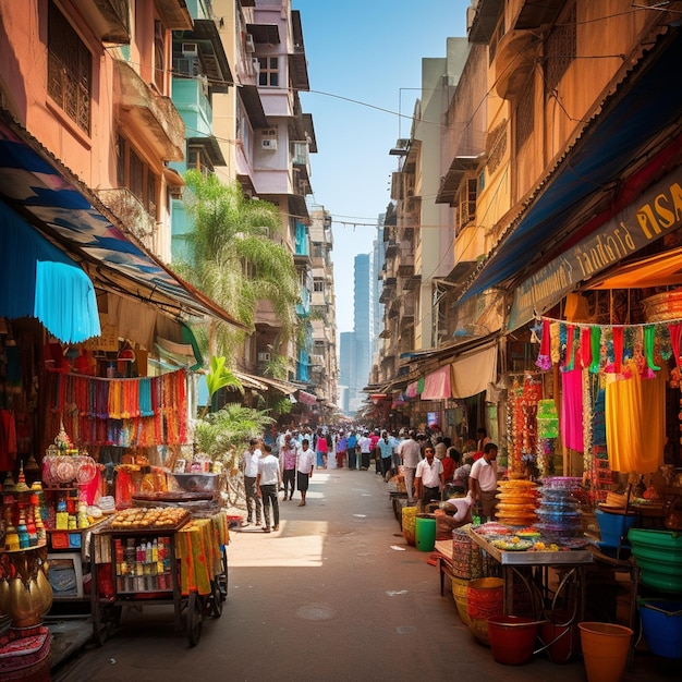 Uma rua movimentada em Mumbai com cores vibrantes e atividade