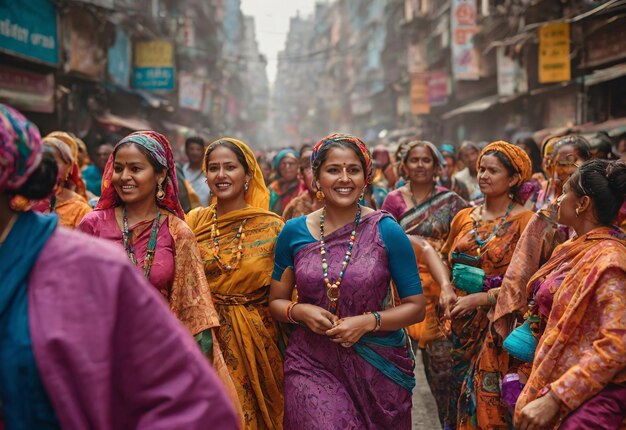 Uma rua movimentada no Dia Internacional da Mulher, cheia de cores vibrantes e movimento enérgico