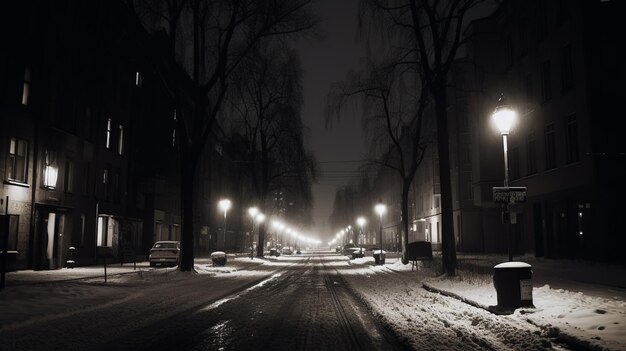 uma rua nevada com um poste de luz e um poste de luz.