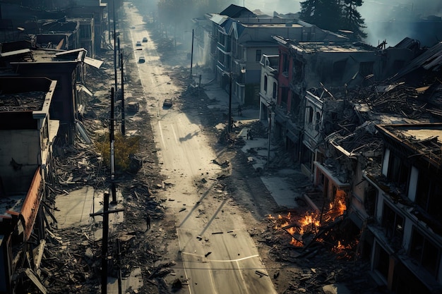 uma rua no meio de uma cidade que foi destruída e queimada por fogo com edifícios em ambos os lados