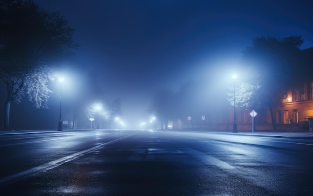 Uma rua noturna enevoada desaparecendo na escuridão sussurrante