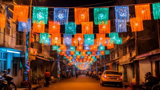 Uma rua primorosamente decorada adornada com bandeiras vibrantes, flores e luzes mostrando o espírito