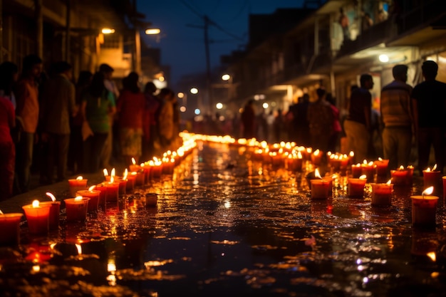 uma rua repleta de velas acesas à noite