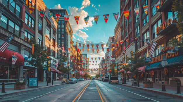 Uma rua urbana festiva decorada com bandas coloridas para uma celebração especial num dia quente de verão