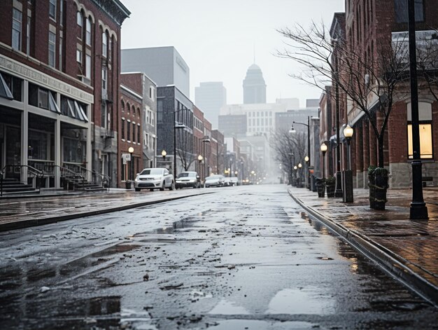 Uma rua vazia em uma cidade norte-americana no inverno
