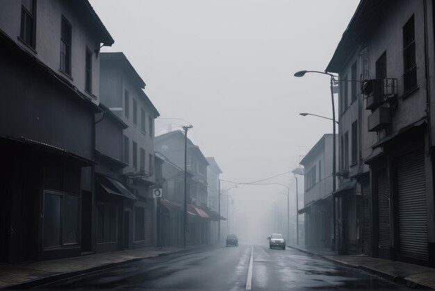 Uma rua vazia, escura e desolada, envolta em fumaça