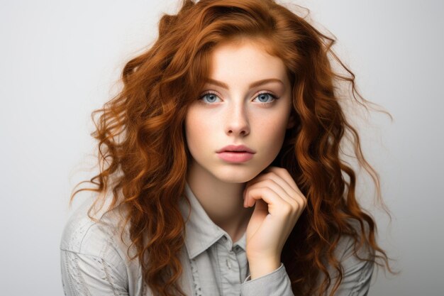 Foto uma ruiva apaixonada segura as mãos no coração, fecha os olhos e sonha com ia generativa.