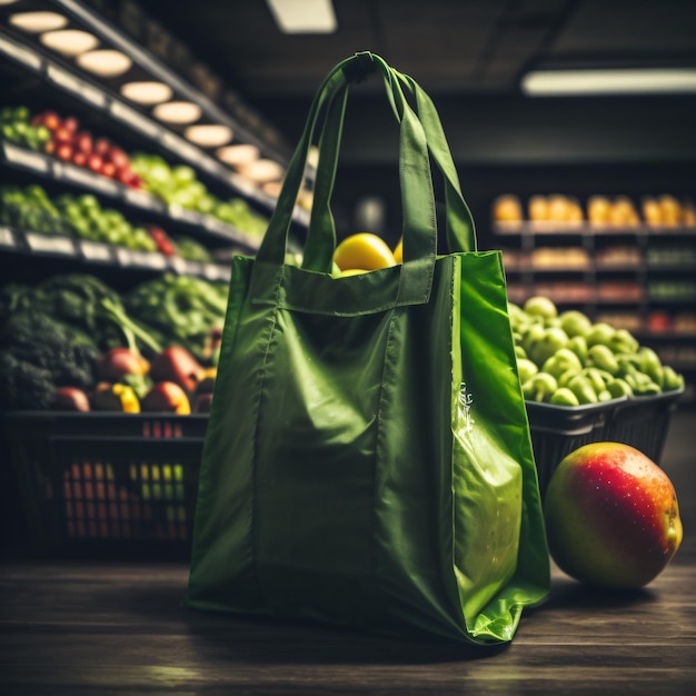 Foto uma sacola de supermercado com um limão fica ao lado de uma cesta de frutas.