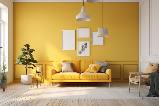 Uma sala amarela com um sofá amarelo e uma planta na parede.