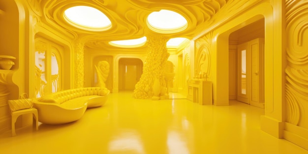 Uma sala amarela com uma caverna no centro e um homem sentado no chão.