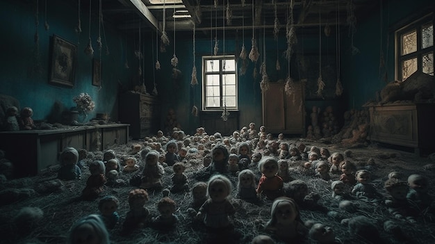 Uma sala assustadora com um monte de bonecas