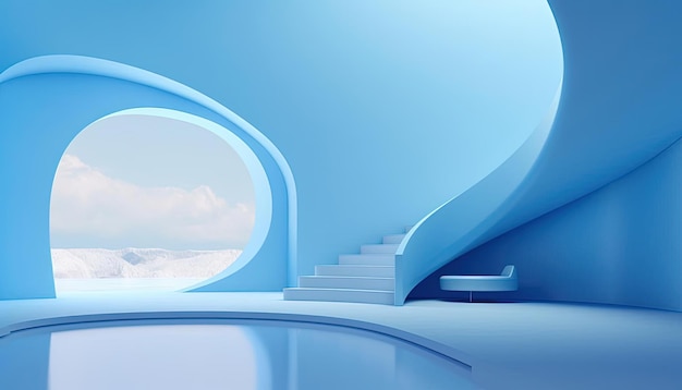 uma sala azul com escadas em uma área curva no estilo de paisagens minimalistas