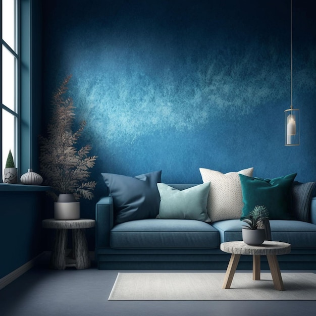 Uma sala azul com um sofá e uma mesa com uma planta.